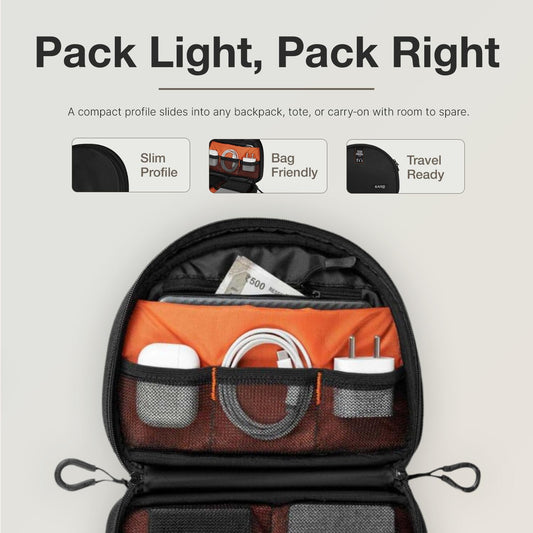 Ginza Tech Pouch opened, showing the dual-compartment interior with mesh pockets and elastic cable loops