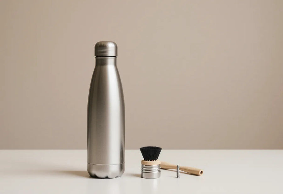 A stainless steel water bottle beside a bottle brush and lid on a bright kitchen counter
