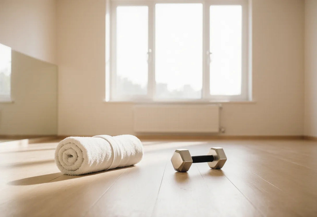 A rolled white towel and a single dumbbell on a sunlit pale-wood gym floor