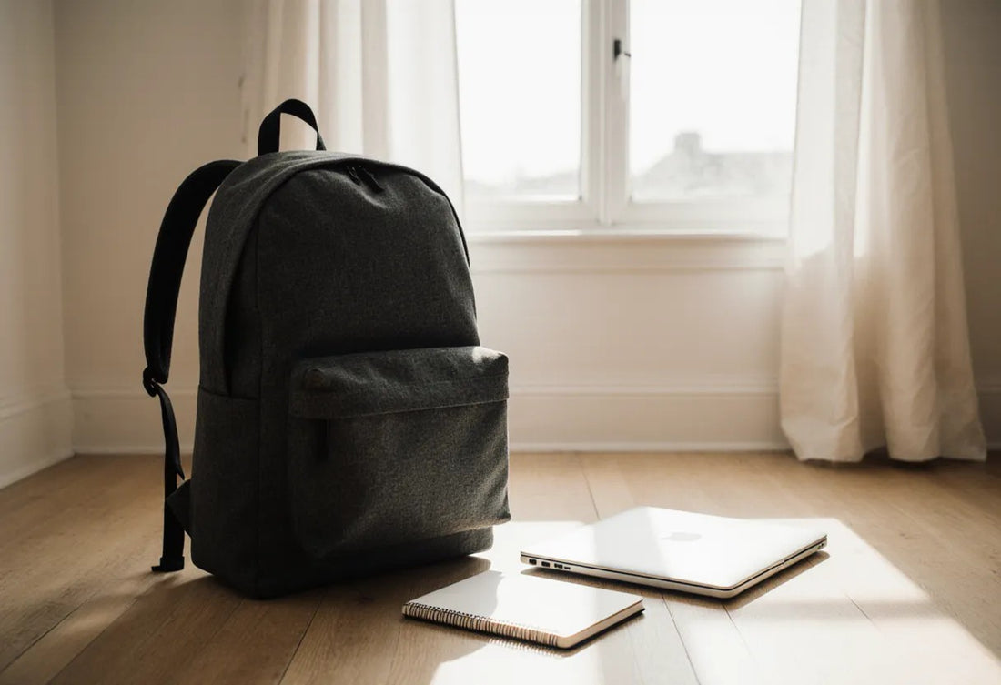A minimalist charcoal laptop backpack by a sunlit window with a laptop and notebook