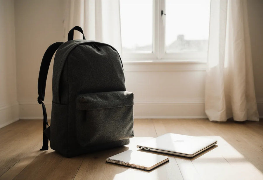 A minimalist charcoal laptop backpack by a sunlit window with a laptop and notebook