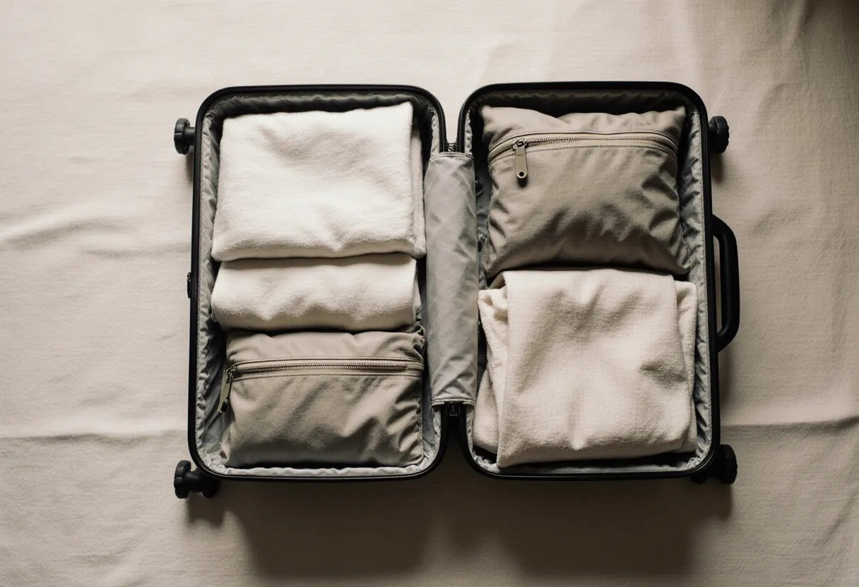 An open carry-on suitcase neatly organised with folded clothes, packing cubes and pouches, top-down