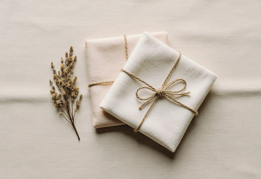 Two folded bandanas tied with twine beside dried flowers, a quiet gift flat-lay