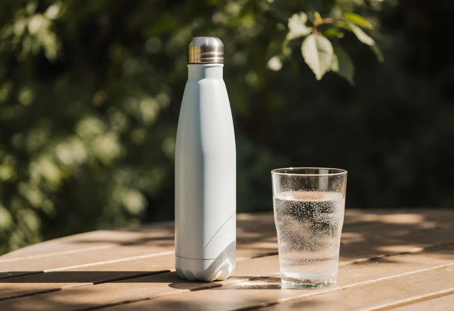 A white insulated water bottle and a frosted glass of water on a sunny garden table
