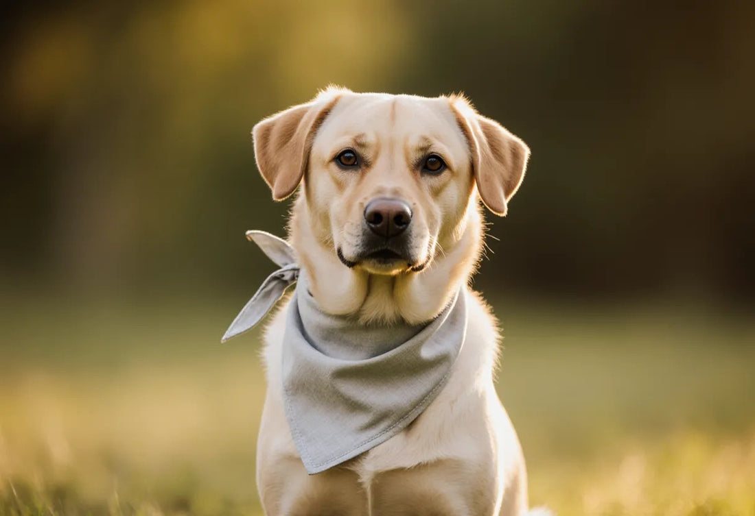 A calm dog outdoors wearing a simple knotted bandana in soft golden light