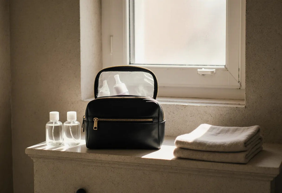 An open toiletry pouch with travel-size bottles and a folded towel in soft window light