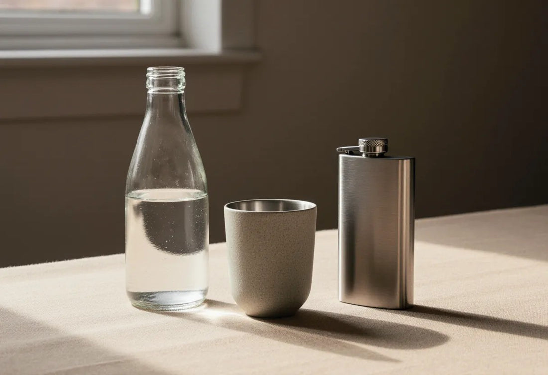 A glass water bottle, a stoneware tumbler and a brushed steel flask on a linen surface