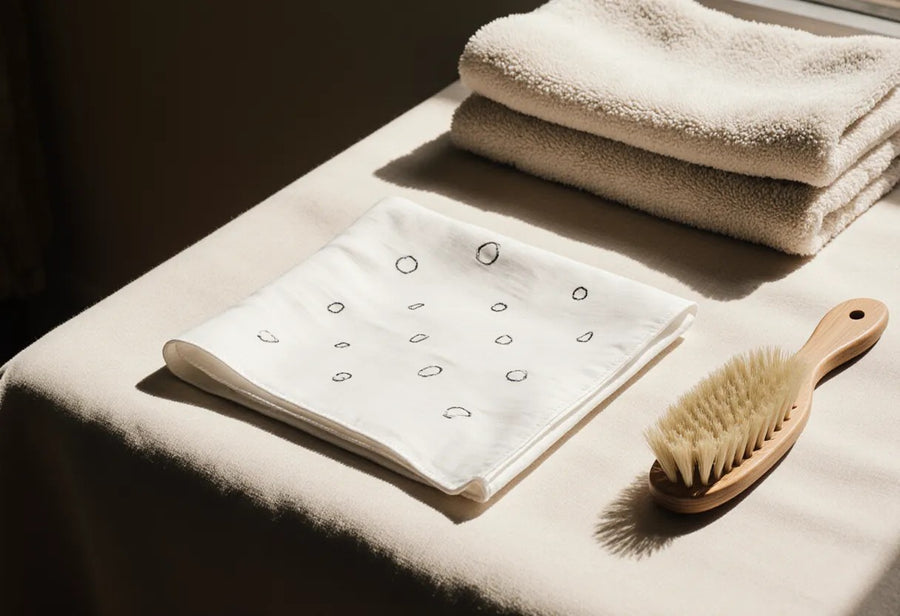 A neatly folded clean bandana beside a brush and folded towels in soft window light