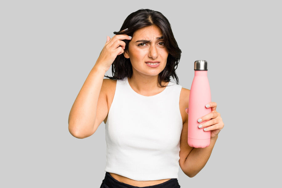A woman holding a pink insulated bottle with a puzzled expression — the look of someone wondering why the flask isn't keeping coffee hot