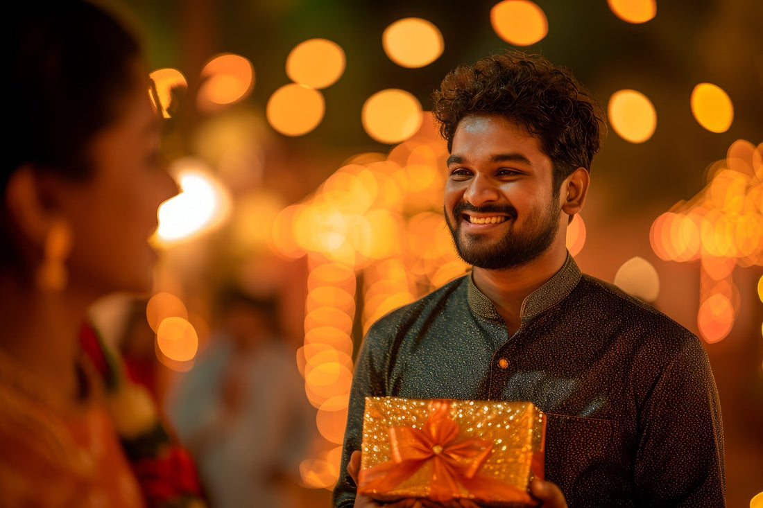 A man holding a wrapped Diwali gift, exchanging it with a woman in soft festive light — the small moment a thoughtful gift earns its place