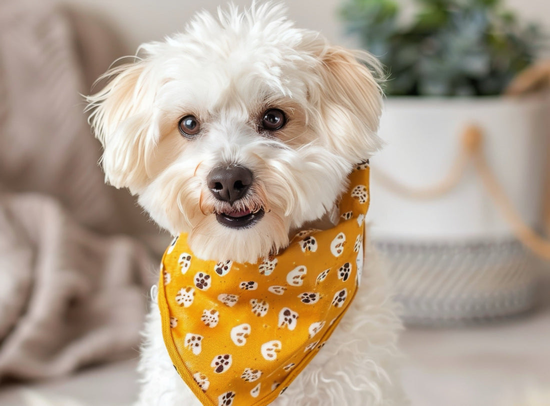 A white dog wearing a properly fitted yellow bandana — a snap closure sitting neatly behind the ears