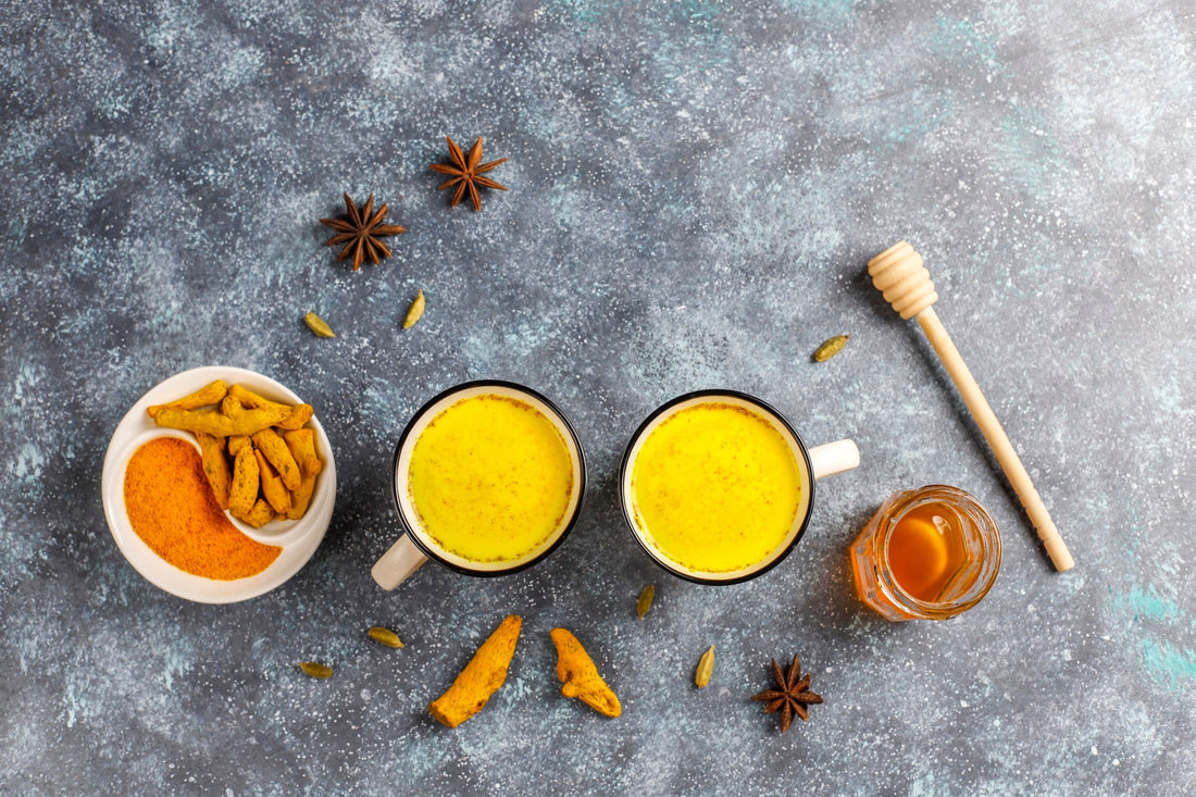 Traditional Indian golden milk — turmeric, ghee, black pepper simmered into warm milk