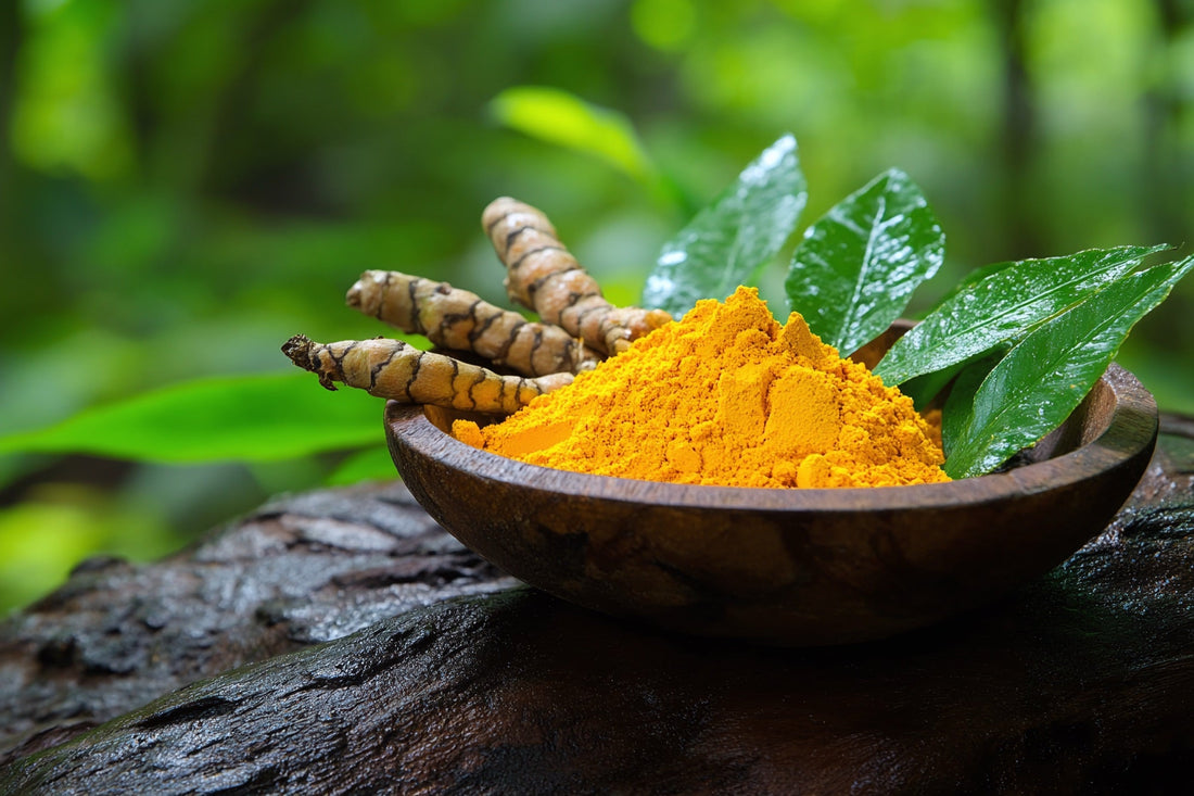 A bowl of bright orange-yellow Lakadong turmeric powder beside fresh turmeric root — the high-curcumin variety from the Jaintia hills of Meghalaya