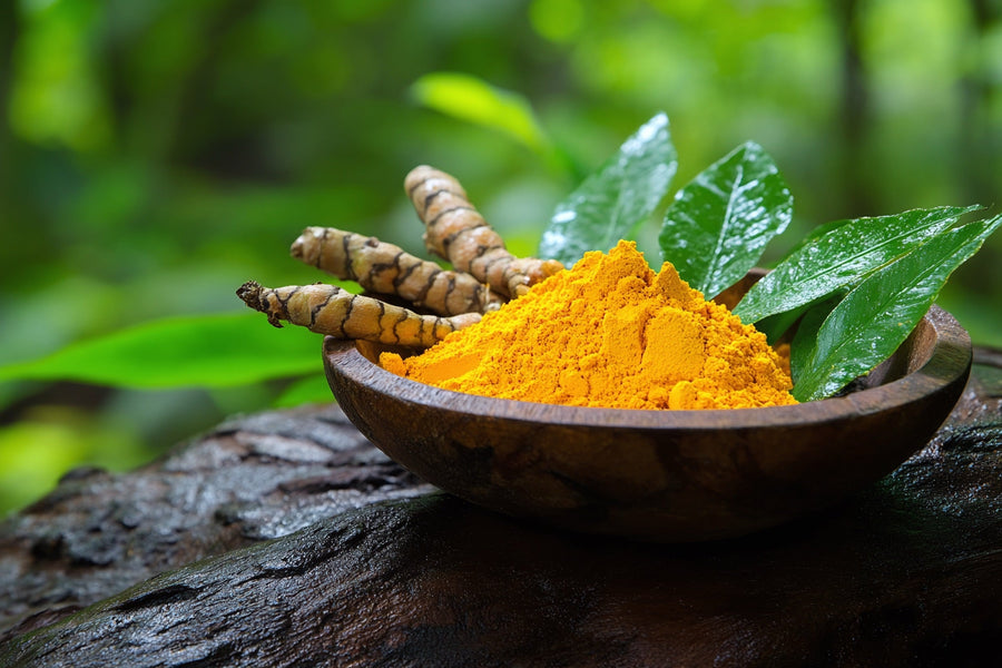 A bowl of bright orange-yellow Lakadong turmeric powder beside fresh turmeric root — the high-curcumin variety from the Jaintia hills of Meghalaya
