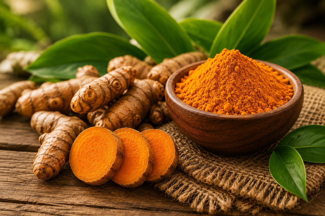 Lakadong turmeric powder in a wooden bowl with fresh root and leaves — from the Jaintia hills of Meghalaya