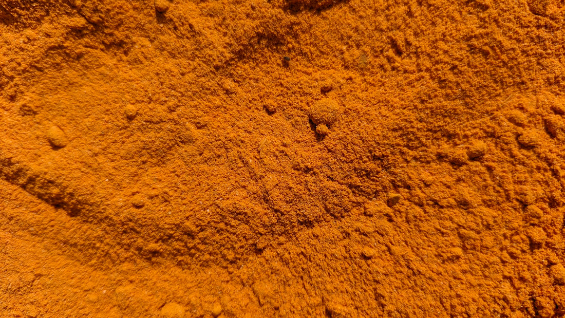 Close-up of vivid golden turmeric powder