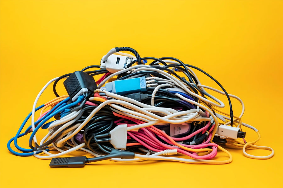 A tangled pile of cables, chargers, and adapters — the default state of carrying tech before a proper pouch is in your bag