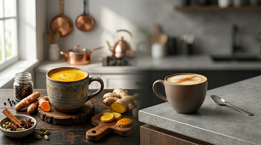 Two turmeric drinks side by side — a deep-orange scratch-made golden milk with whole spices, alongside a frothier latte made from the pre-blended mix