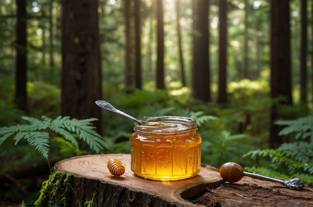 A jar of raw wild forest honey on a wooden log in a sunlit forest, with a silver spoon on the rim and a honey dipper beside it