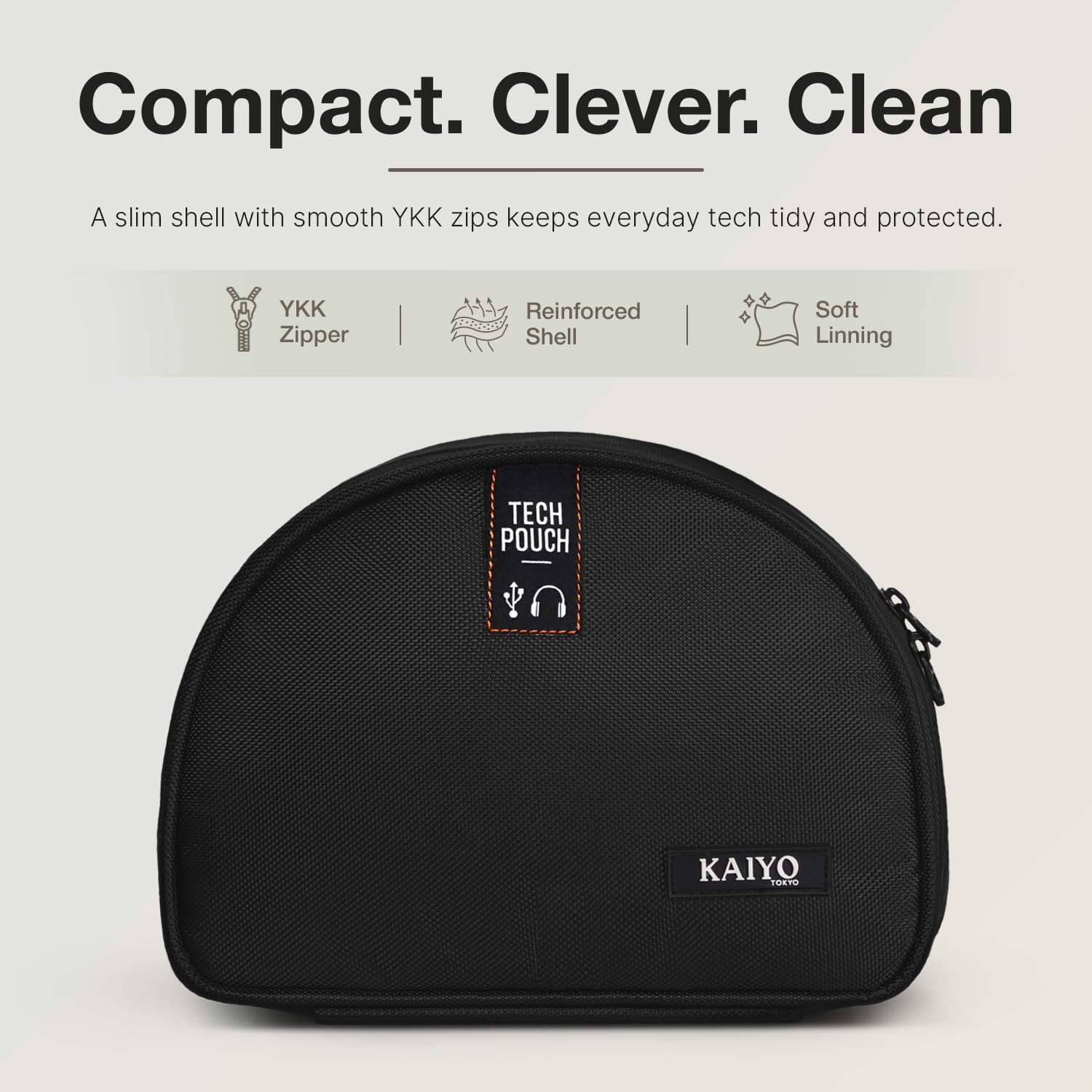 Ginza Tech Pouch in Black — slim reinforced shell with smooth YKK zips