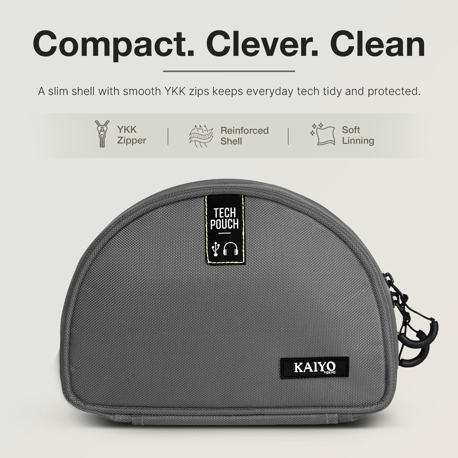 Ginza Tech Pouch in Fossil Grey — slim reinforced shell with smooth YKK zips
