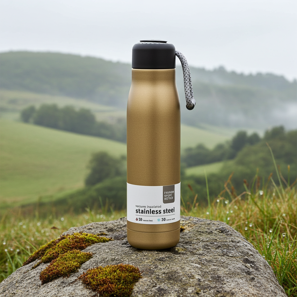 Insulated Field Bottle, Gold — on a hillside stone in morning mist