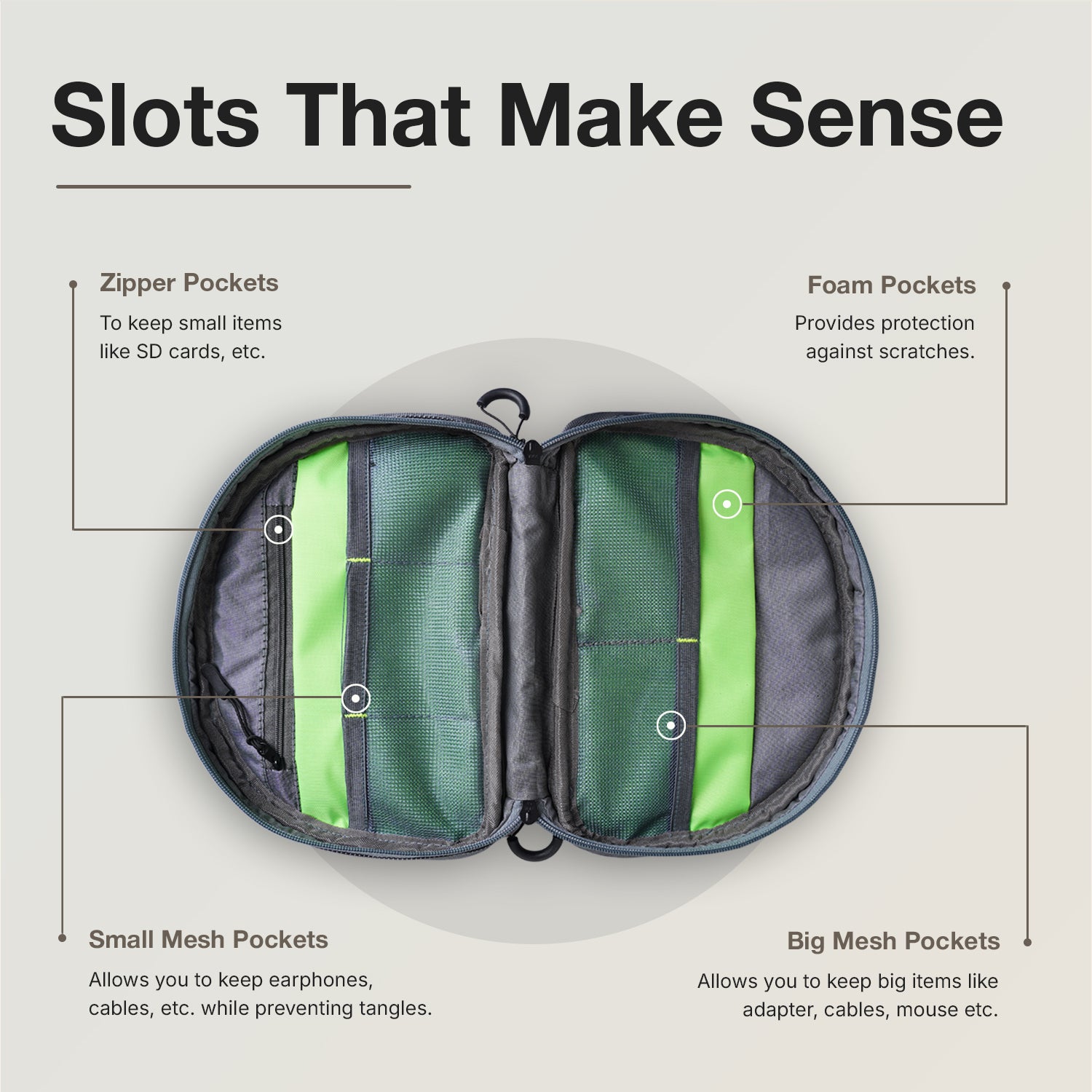 Ginza Tech Pouch in Fossil Grey - interior pocket layout for cables and accessories