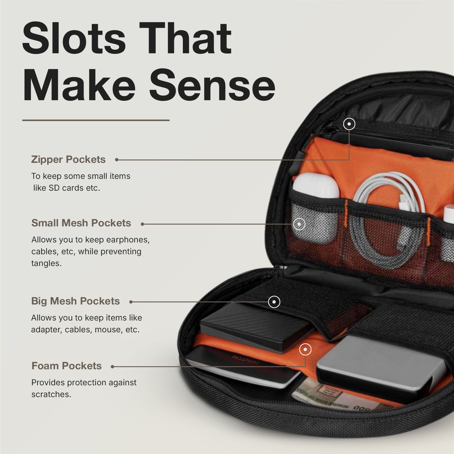 Ginza Tech Pouch in Black - interior pocket layout for cables and accessories