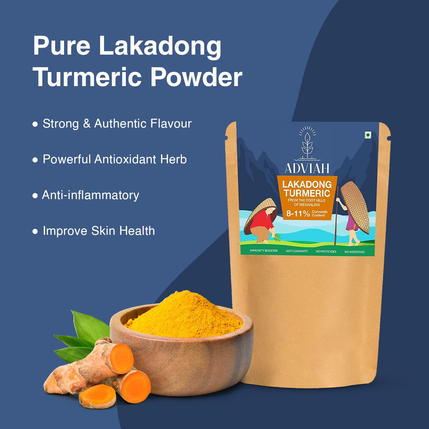 Adviah Lakadong Turmeric Powder, 100g pouch.