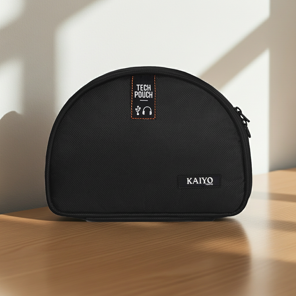 Ginza Tech Pouch in Black on a desk in soft morning light