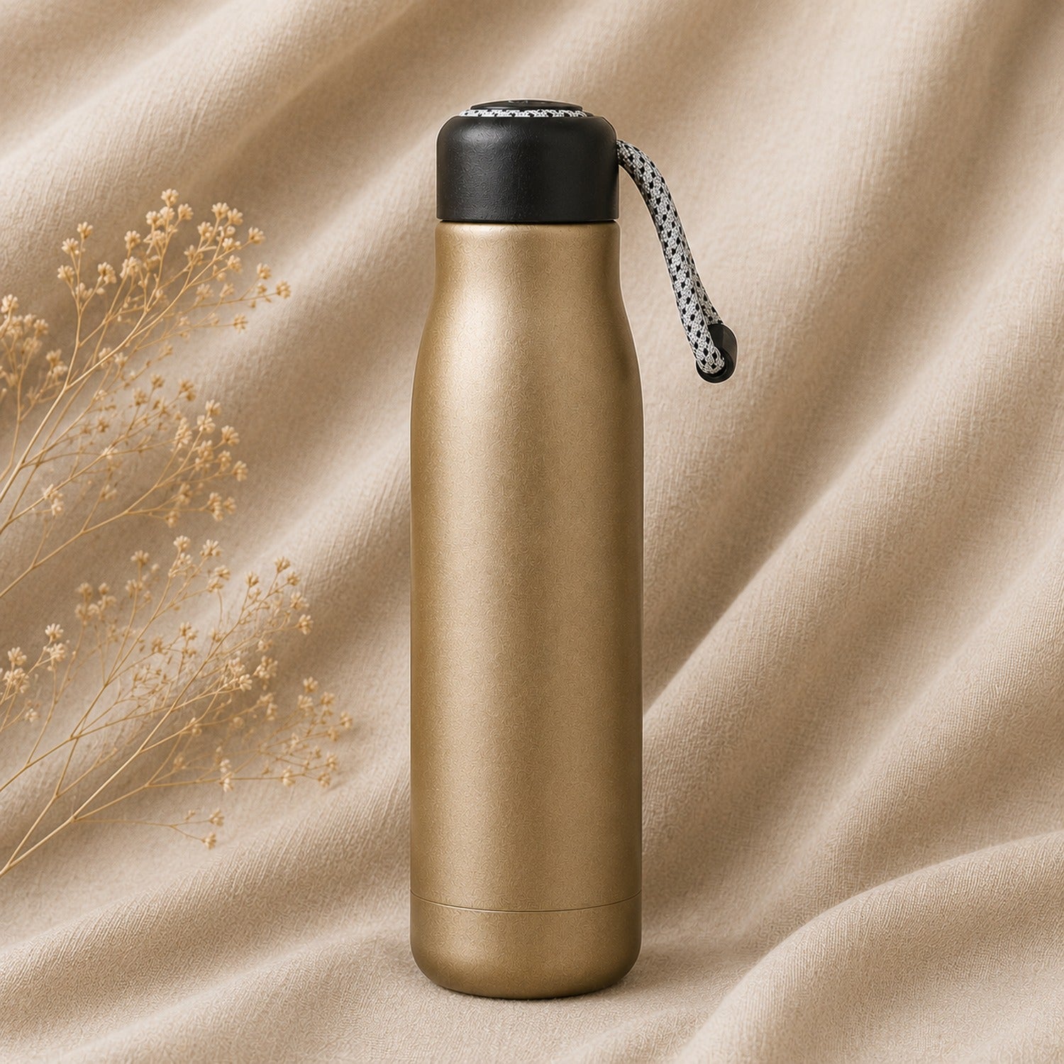 Insulated Field Bottle in Gold on natural oatmeal linen