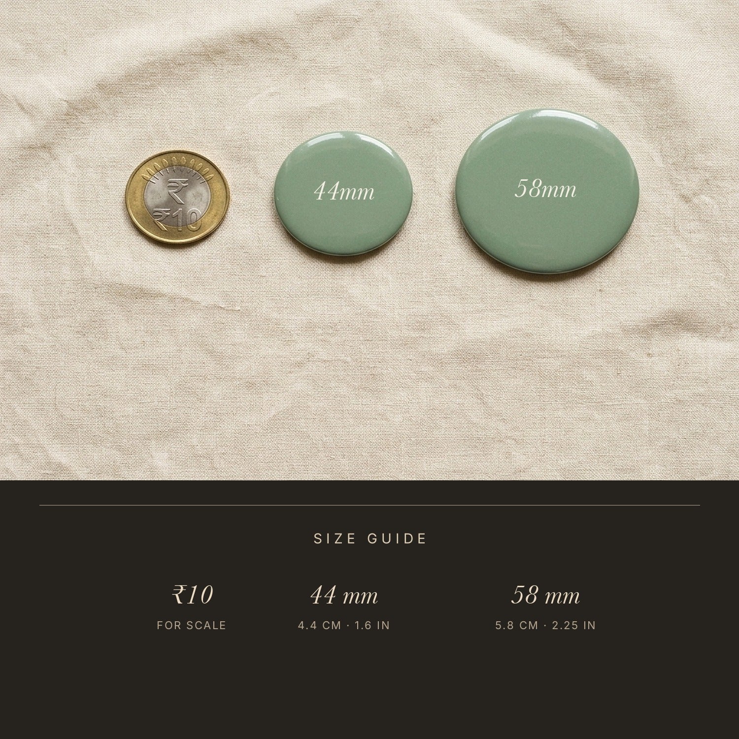 Mawlaii Rochcha Custom Print Badge size guide — 44mm and 58mm shown against an Indian ₹10 coin for scale, with dimension callouts in centimetres and inches.
