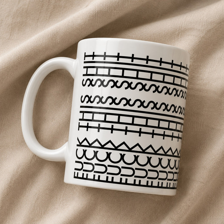 FTS Coffee Mug resting on natural oatmeal linen