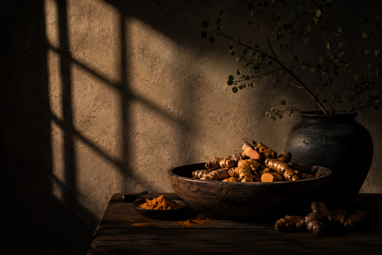 Adviah Lakadong turmeric — still-life in a dark wooden bowl with vase and branches