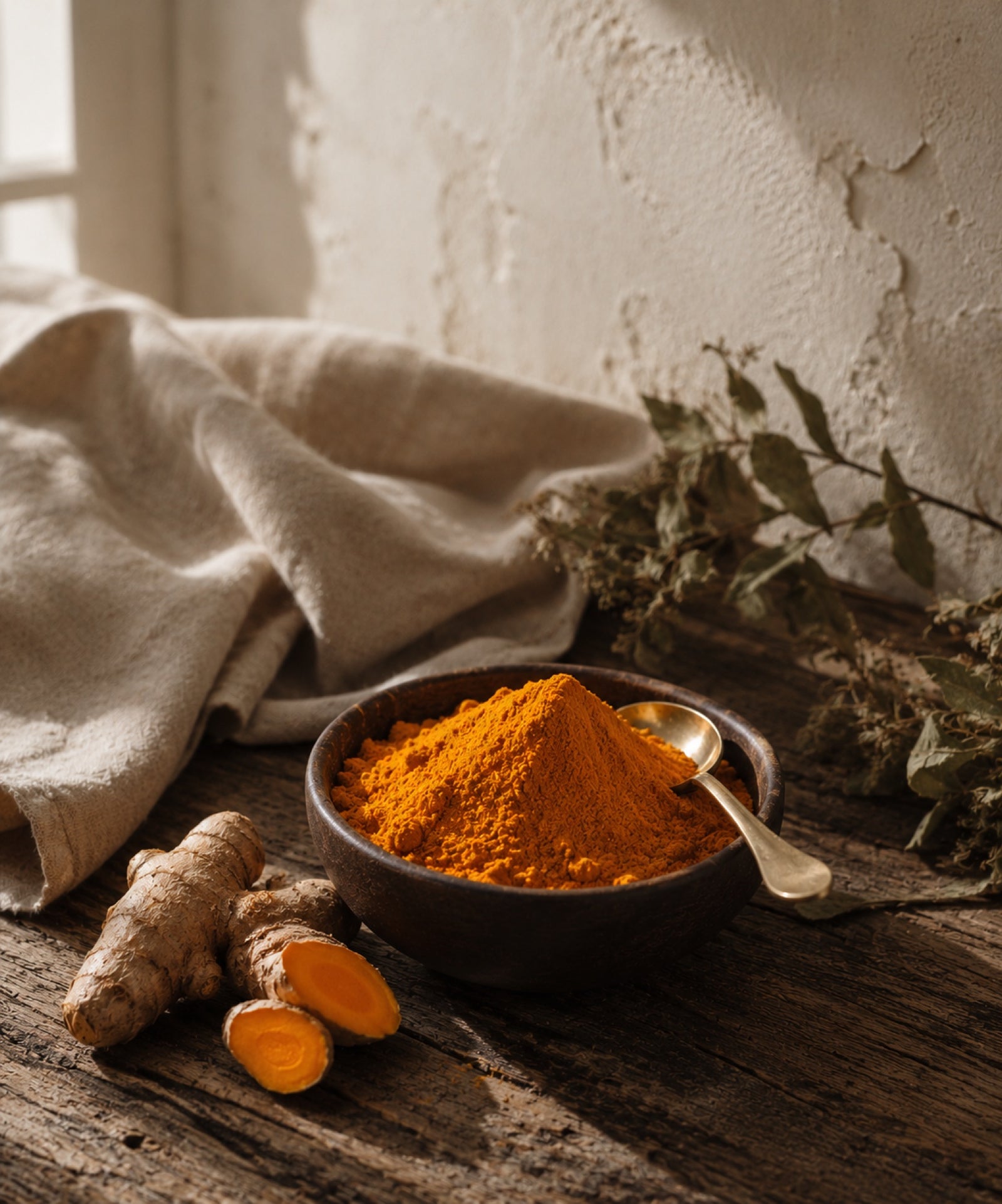 Adviah — Lakadong turmeric powder in a wooden bowl with fresh root, warm afternoon light on a weathered table