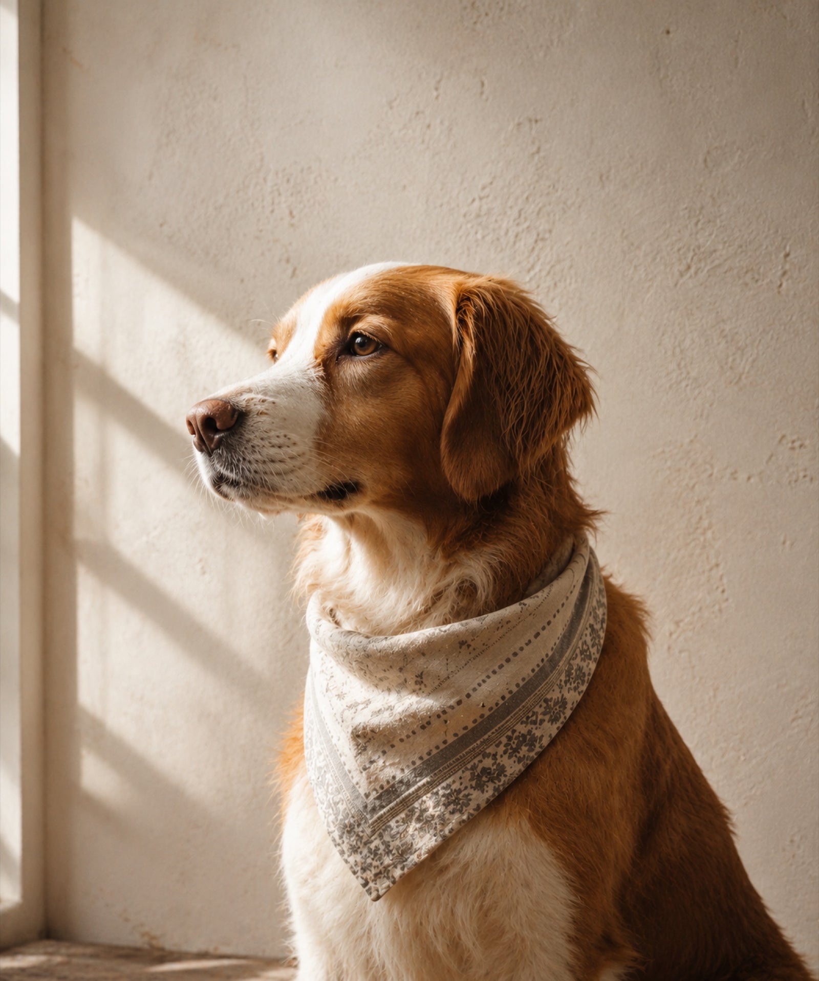 Farnup — a golden-brown dog wearing a patterned cotton bandana, looking gently toward the window in soft afternoon light against a cream plaster wall