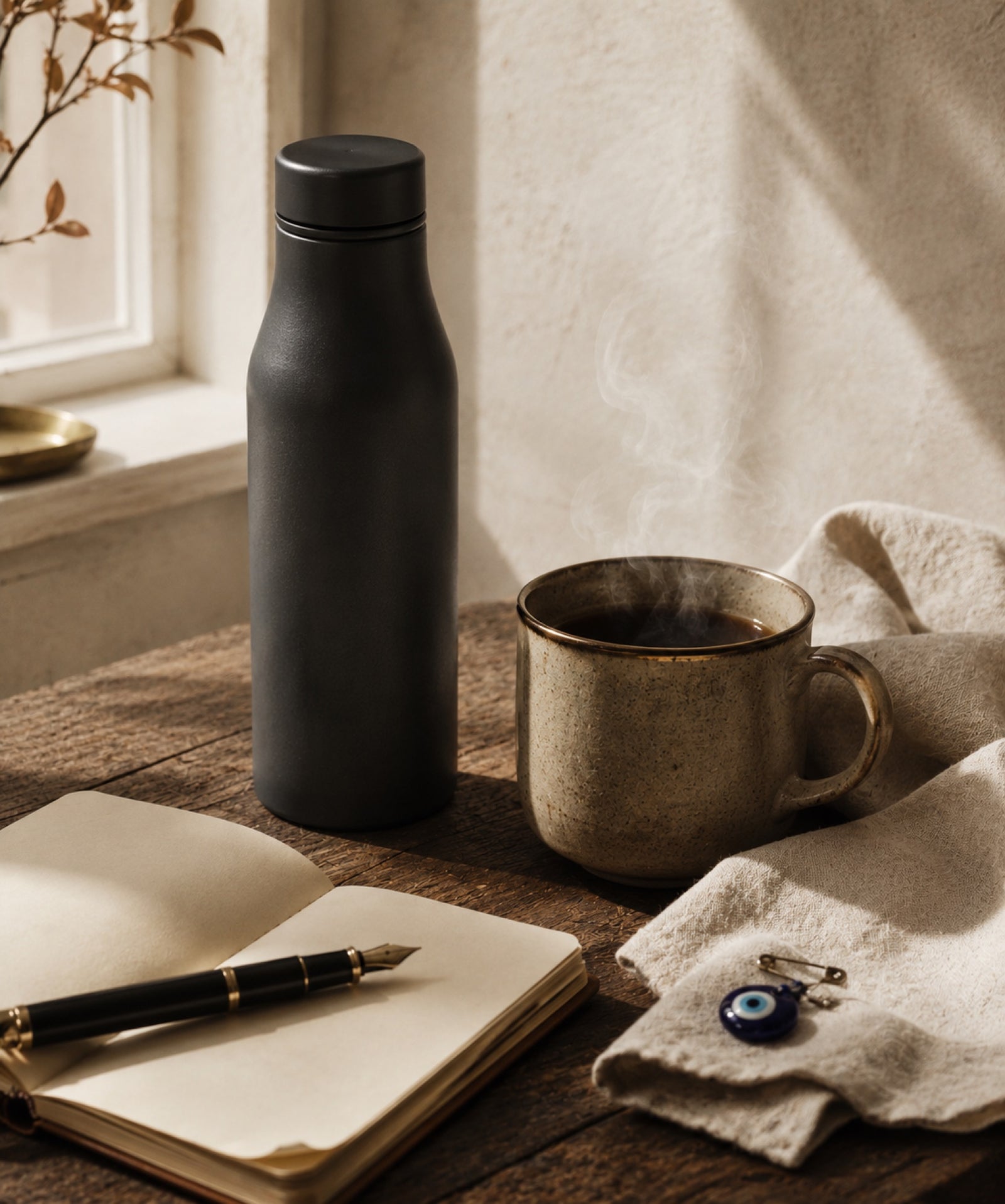 Rochcha — a desk scene with insulated bottle, steaming ceramic mug, open notebook, linen and a small evil eye charm in soft window light