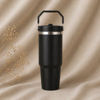 Insulated Travel Mug in Black on natural oatmeal linen