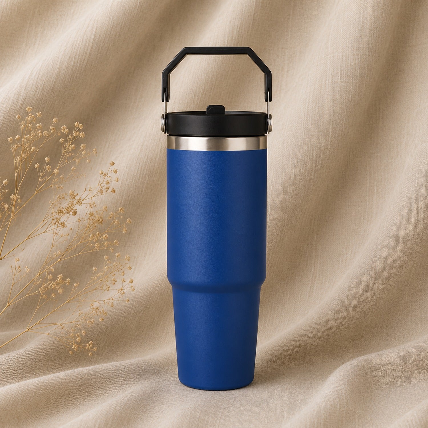 Insulated Travel Mug in Blue on natural oatmeal linen