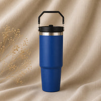 Insulated Travel Mug in Blue on natural oatmeal linen