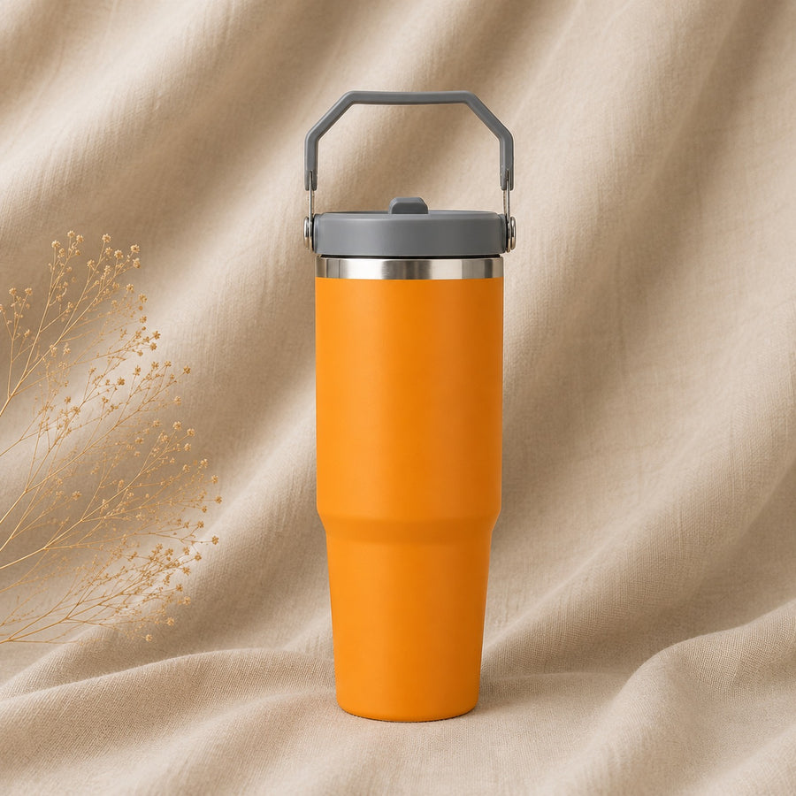 Insulated Travel Mug in Orange on natural oatmeal linen
