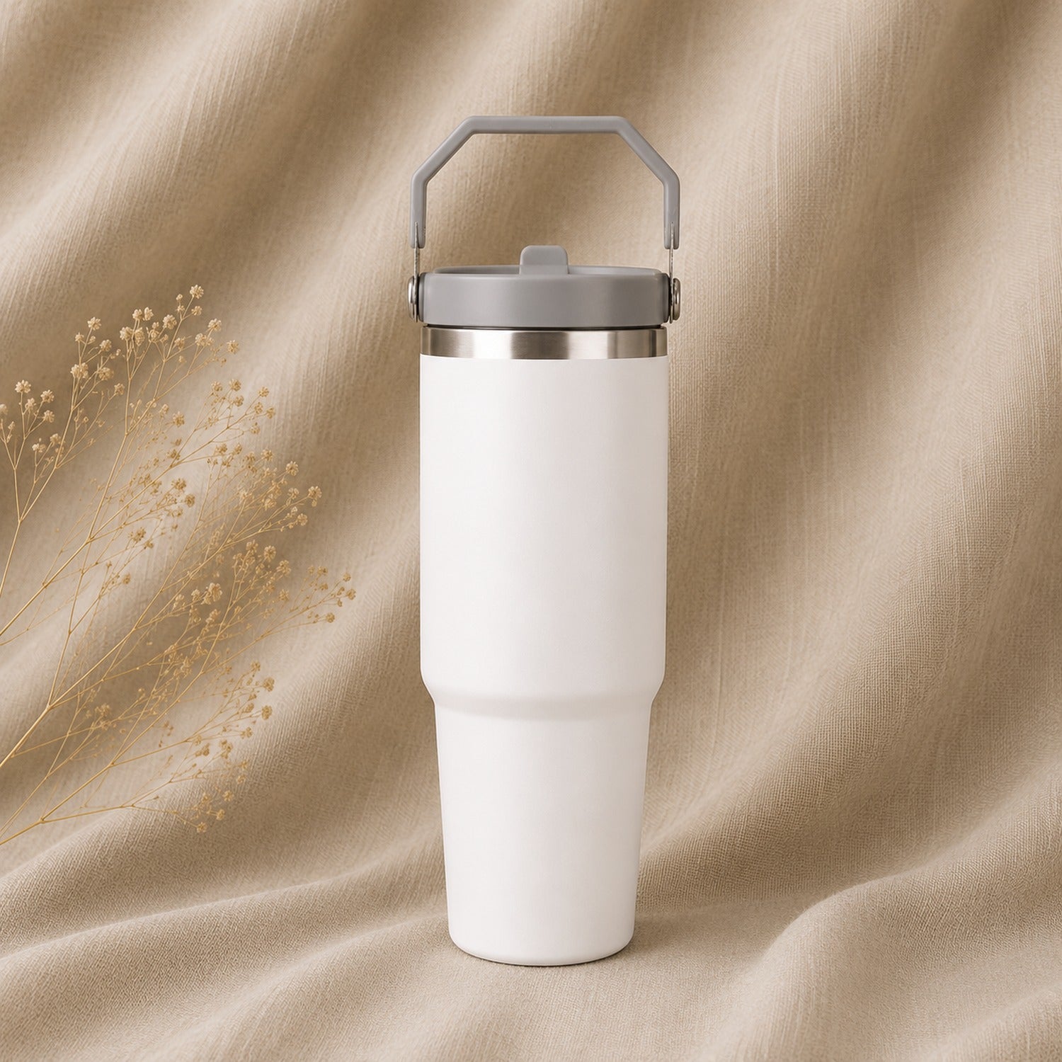 Insulated Travel Mug in White on natural oatmeal linen