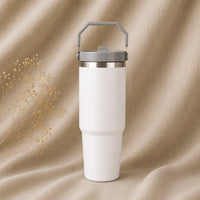 Insulated Travel Mug in White on natural oatmeal linen